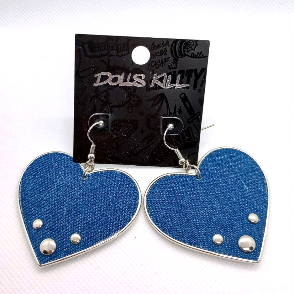 Dolls Kill Blue Denim Studded Heart Statement Earrings